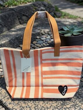 Mercado Global NWT Artisan Crafted Canvas Tote Peach Stripe Leather Handles